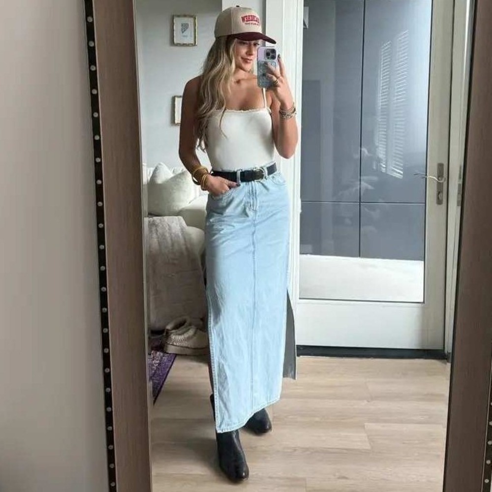 AGOLDE Astrid Slice Denim Maxi Skirt Light Blue High Rise Side Slits Women Sz 26 - Picture 4 of 14